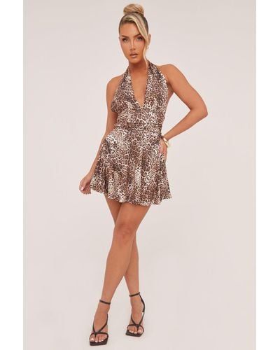 Rebellious Fashion Leopard Print Halter Plunge Neck Mini Dress - Brown