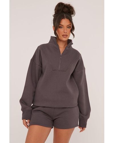 Rebellious Fashion Oversized Zip Front Sweatshirt & Mini Shorts Co-Ord Set - Brown
