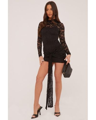 Rebellious Fashion Lace High Neck Tie Front Mini Dress - Black