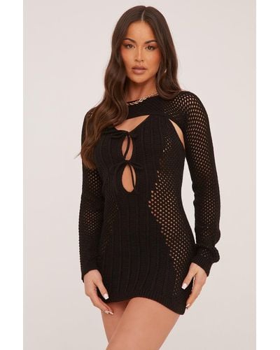 Rebellious Fashion Crochet Tie Front Long Sleeve Mini Dress - Black