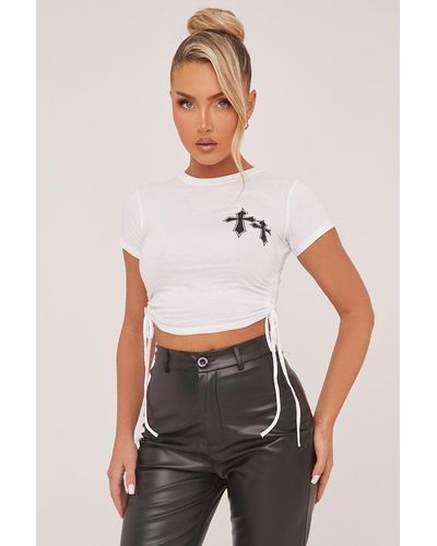 Rebellious Fashion Printed Ruched Sides Cropped Top - White