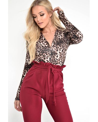 Rebellious Fashion Leopard Print Plunge Long Sleeve Bodysuit - Kindra - Red