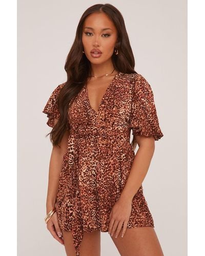Rebellious Fashion Leopard Print Frill Detail Playsuit - Brown