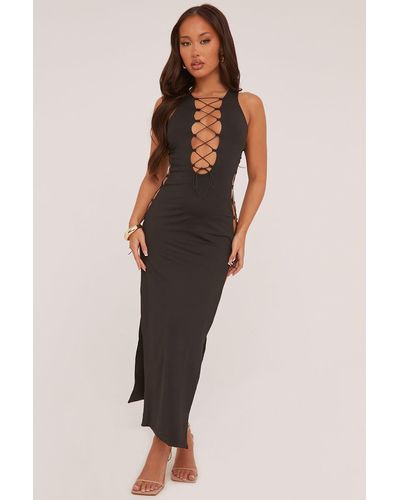 Rebellious Fashion Lace Up Detail Maxi Dress - Black