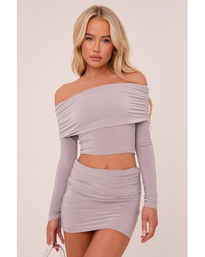 Rebellious Fashion Bardot Cropped Top & Mini Skirt Co-Ord Set - Grey
