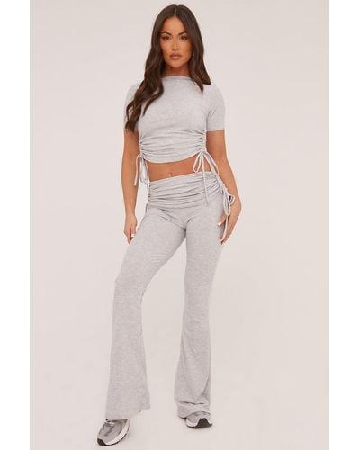 Rebellious Fashion Ruching Detail Cropped Top & Trousers Co-Ord Set - Natural