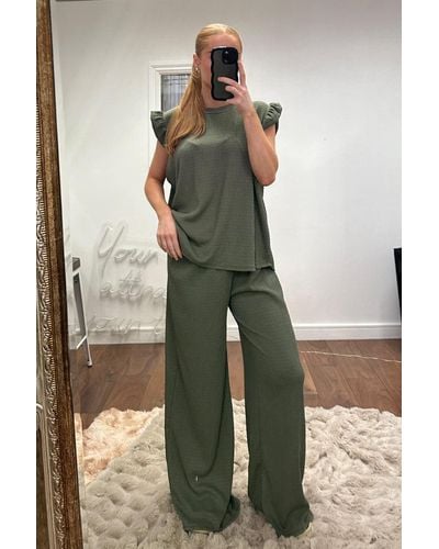 Rebellious Fashion Round Neck Frill Sleeve Top & Straight Leg Trousers Co-Ord Set - Green