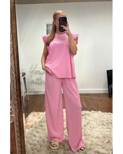 Rebellious Fashion Round Neck Frill Sleeve Top & Straight Leg Trousers Co-Ord Set - Pink
