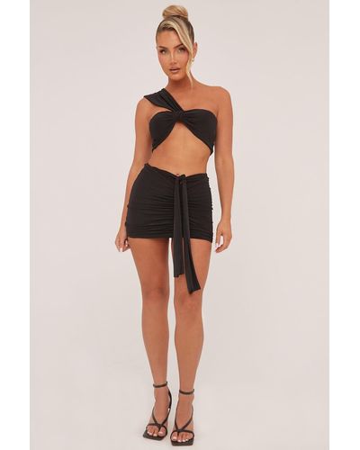 Rebellious Fashion One Shoulder Cropped Top & Ruched Mini Skirt Co-Ord Set - Black