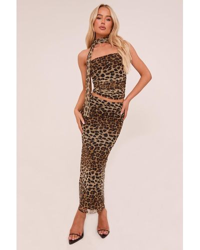 Rebellious Fashion Leopard Print Bandeau Cropped Top & Maxi Skirt Co-Ord Set - Natural