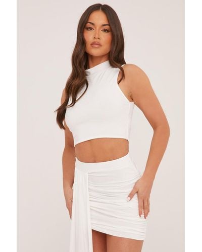 Rebellious Fashion High Neck Cropped Top & Mini Skirt Co-Ord Set - White