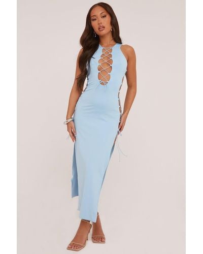 Rebellious Fashion Light Lace Up Detail Maxi Dress - Blue