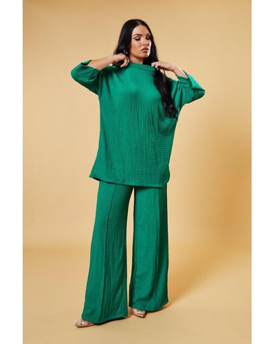 Rebellious Fashion Textured Knit Trousers & Oversized Top Co-Ord Set - Green