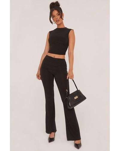 Rebellious Fashion Ruched Cropped Top & Trousers Co-ord Set - Edie - Black