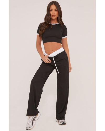 Rebellious Fashion Contrast Binding Cropped Top & Wide Leg Trousers Co-Ord Set - Black