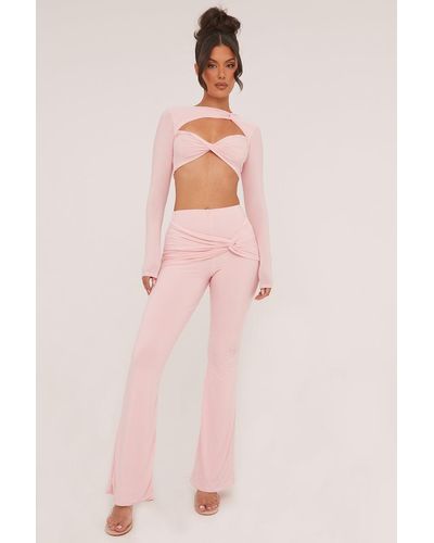 Rebellious Fashion Twist Detail Cropped Top & Wide Leg Trousers - Pink