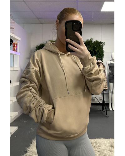 Rebellious Fashion Ruched Sleeve Oversized Hoodie - Natural