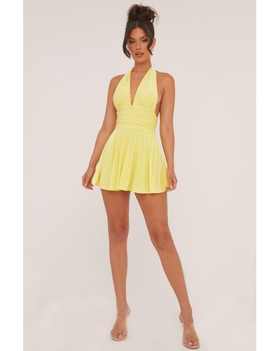 Rebellious Fashion Halter Plunge Neck Mini Dress - Yellow