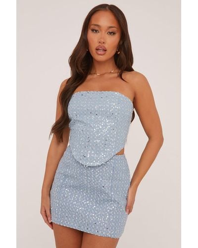 Rebellious Fashion Light Sequin Detail Cropped Top & Mini Skirt Co-Ord Set - Blue