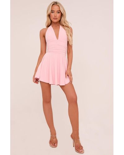 Rebellious Fashion Halter Plunge Neck Mini Dress - Pink