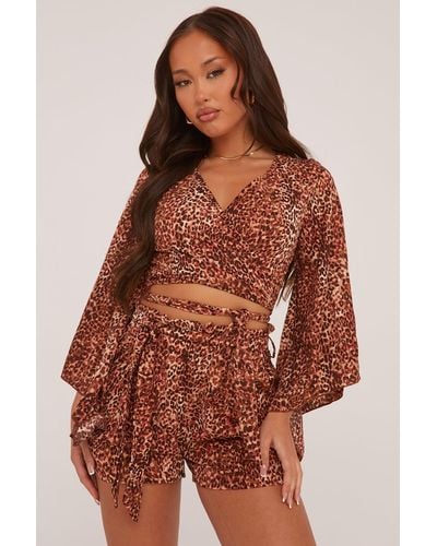 Rebellious Fashion Leopard Print Abstract Print Wrap Over Cropped Top - Brown