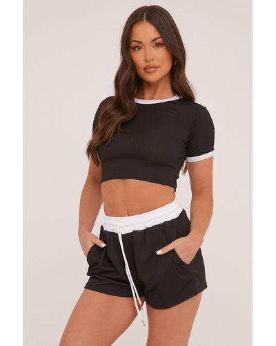 Rebellious Fashion Rib Knit Contrast Binding Top & Shorts Co-Ord Set - Black