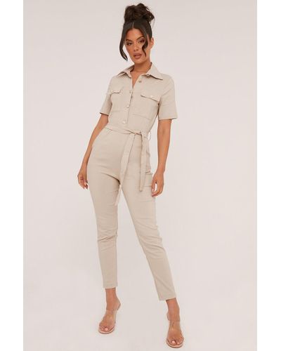 Rebellious Fashion Button Up Front Utility Jumpsuit - Natural