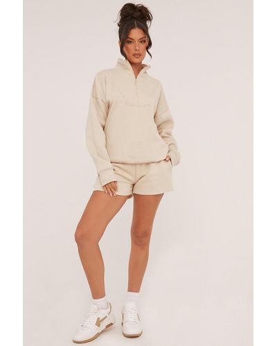 Rebellious Fashion Oversized Zip Front Sweatshirt & Mini Shorts Co-ord Set - Adriana - Natural