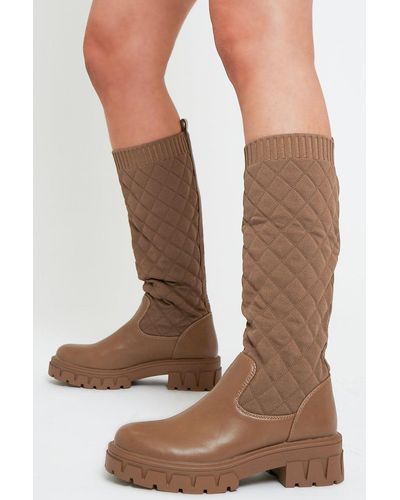 Rebellious Fashion Quilted Detail Knee High Boots - Bethsy - Brown
