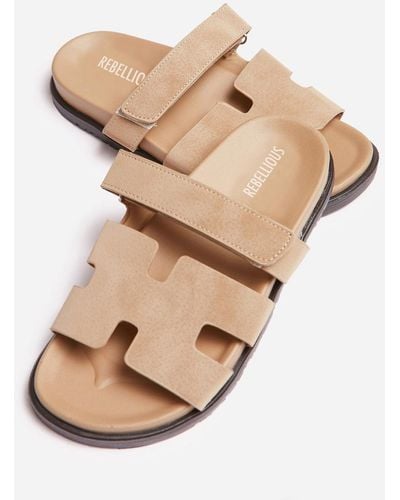 Rebellious Fashion Gladiator Suede Leather Velcro Strap Slider Sandals - Natural