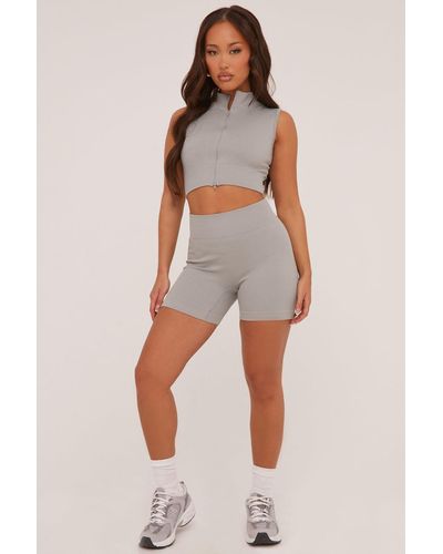 Rebellious Fashion Zip Front Seamless Cropped Top & Shorts Co-Ord Set - Grey