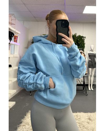 Rebellious Fashion Ruched Sleeve Oversized Hoodie - Blue
