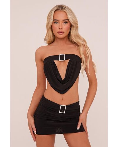 Rebellious Fashion Buckle Detail Cropped Top & Mini Skirt Co-Ord Set - Black