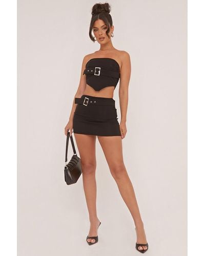 Rebellious Fashion Bandeau Belt Detail Cropped Top & Mini Skirt Co-Ord Set - Black