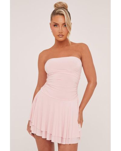 Rebellious Fashion Bandeau Ruched Skater Mini Dress - Pink