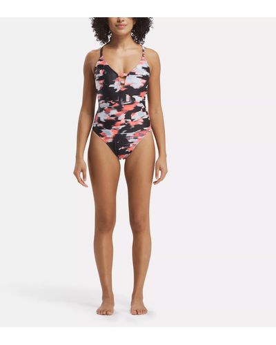 Reebok Elite Camo Plunging One-piece Swimsuit With Strappy Details - Multicolor