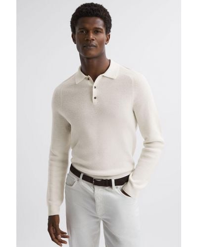 Reiss Holms - Ecru Wool Long Sleeve Polo Shirt, S - Natural