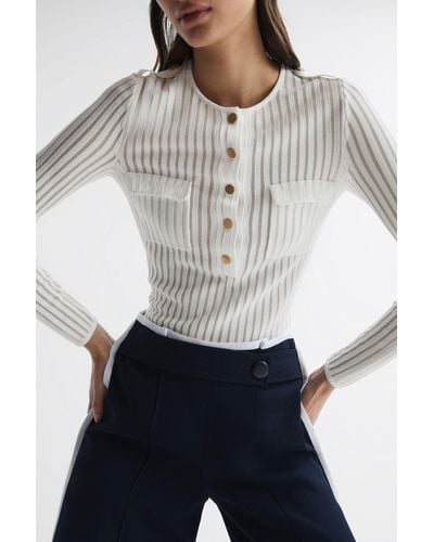 Reiss Pippa - Ivory Sheer Striped Long Sleeve Top, Uk X-small - Gray