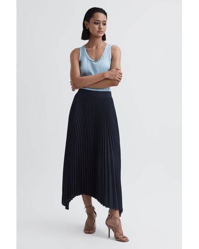 Reiss Jodie - Navy Pleated Asymmetric Midi Skirt, Us 4 - Blue