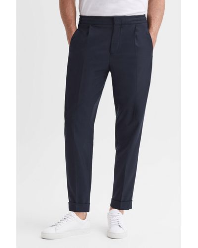 Reiss Brighton - Navy Relaxed Pleated Tapered Pants, 38 - Blue