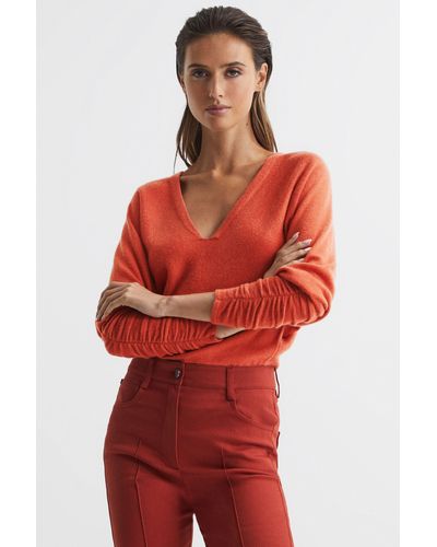 Reiss Jolie - Orange V-neck Cashmere Blend Sweater - Red