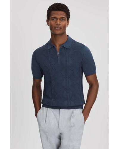 Reiss Tropic - Blue Smoke Cotton Half-zip Polo Shirt, Xs