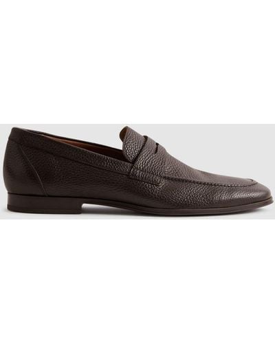 Reiss Leather - Dark Brown Bray Grained Slip-on Loafers - White