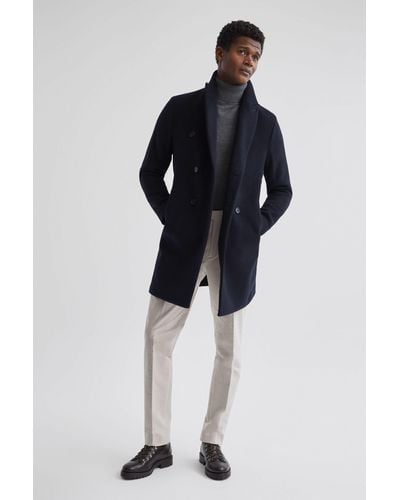 Reiss Glory - Navy Double Breasted Wool Blend Overcoat, Uk X-small - Blue