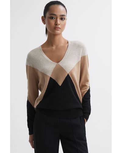 Reiss Charlotte - Camel/black Wool Blend Argyle Sweater