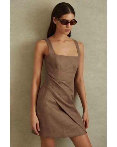 Reiss Piper - Brown Linen Pleat Detail Mini Dress