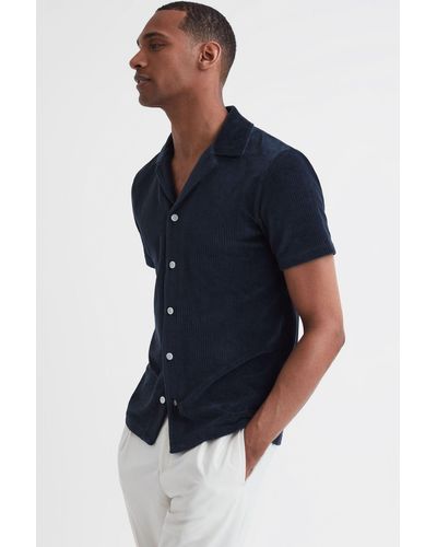 Reiss Santal - Navy Slim Fit Cuban Collar Textured Shirt - Blue