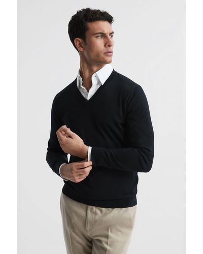 Reiss Earl - Navy Merino Wool V-neck Sweater, Uk 2x-large - Black
