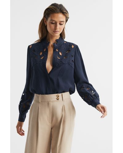 Reiss Sophie - Navy Lace Detail Shirt Blouse, Us 12 - Blue