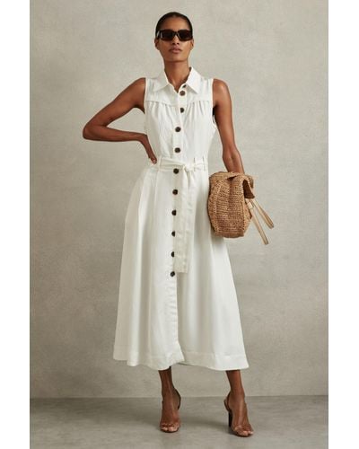 Reiss Heidi - White Viscose Linen Belted Midi Dress, Us 2 - Natural